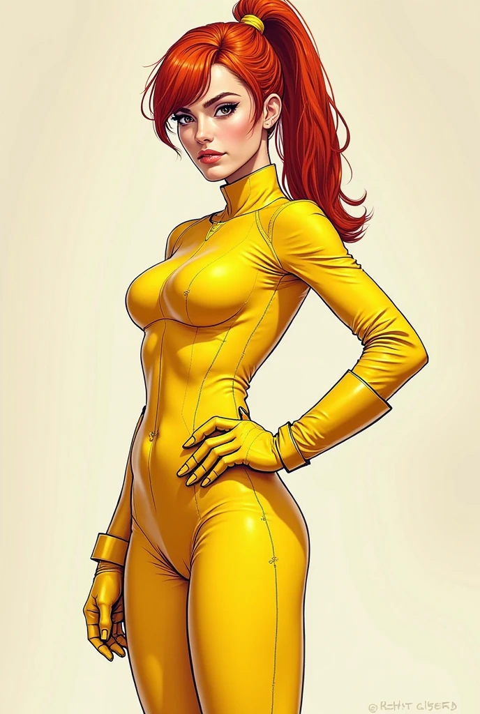 (best quality,8k:1.2,high resolution:1.2),ultra-detalhado,Realistic,retro science fiction female superhero,blonde short hair,rosto extremamente detalhados,long eyelashes,all sheer orange Collant de nylon Apertado,all sheer orange pantyhose,orange latex gloves, orange Glossy plastic accessories,Physically-based rendering,foco nítido,studio lighting