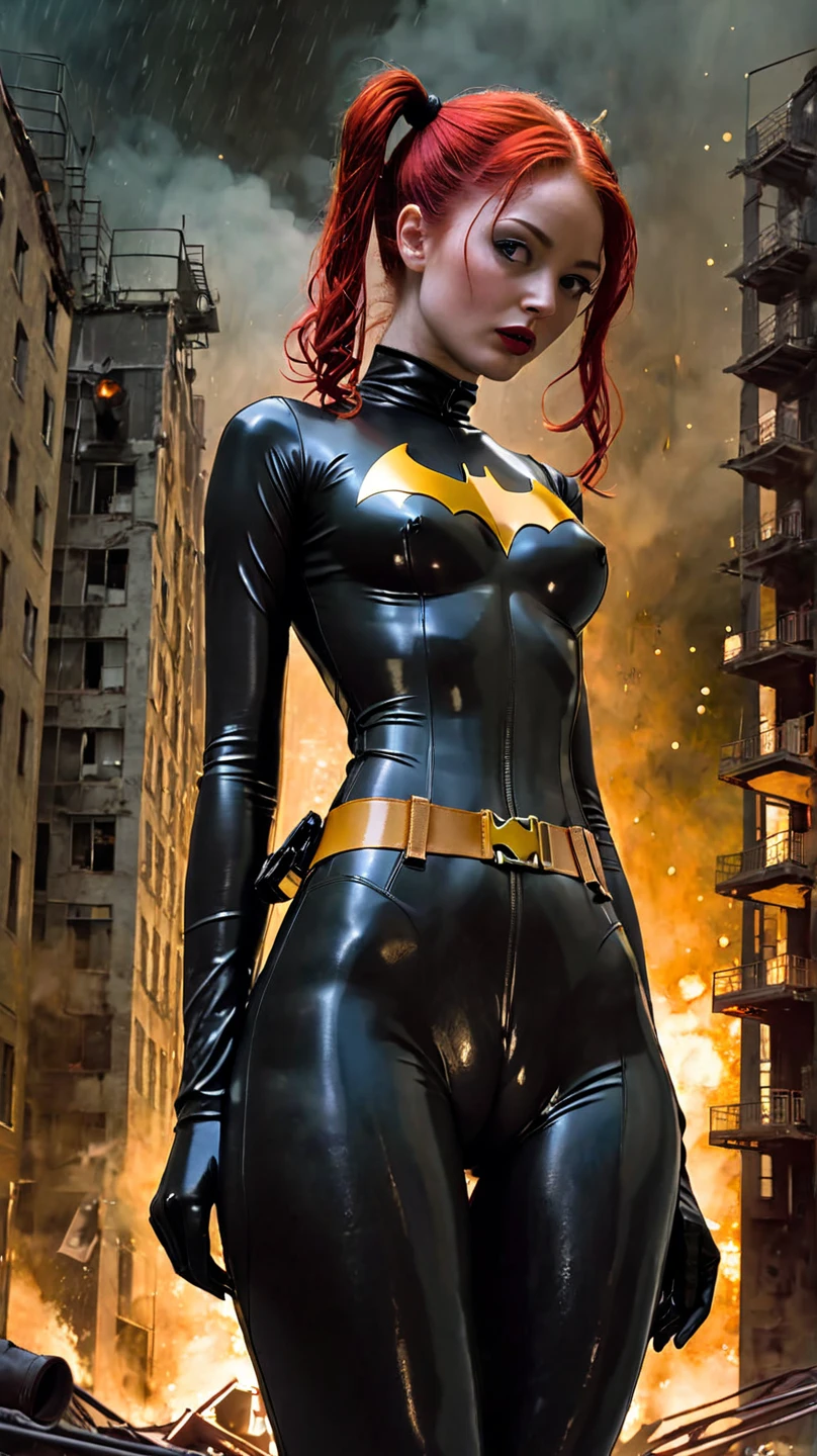 short orange hair, Batman black short top, Black pants, women ,brown skin , animated