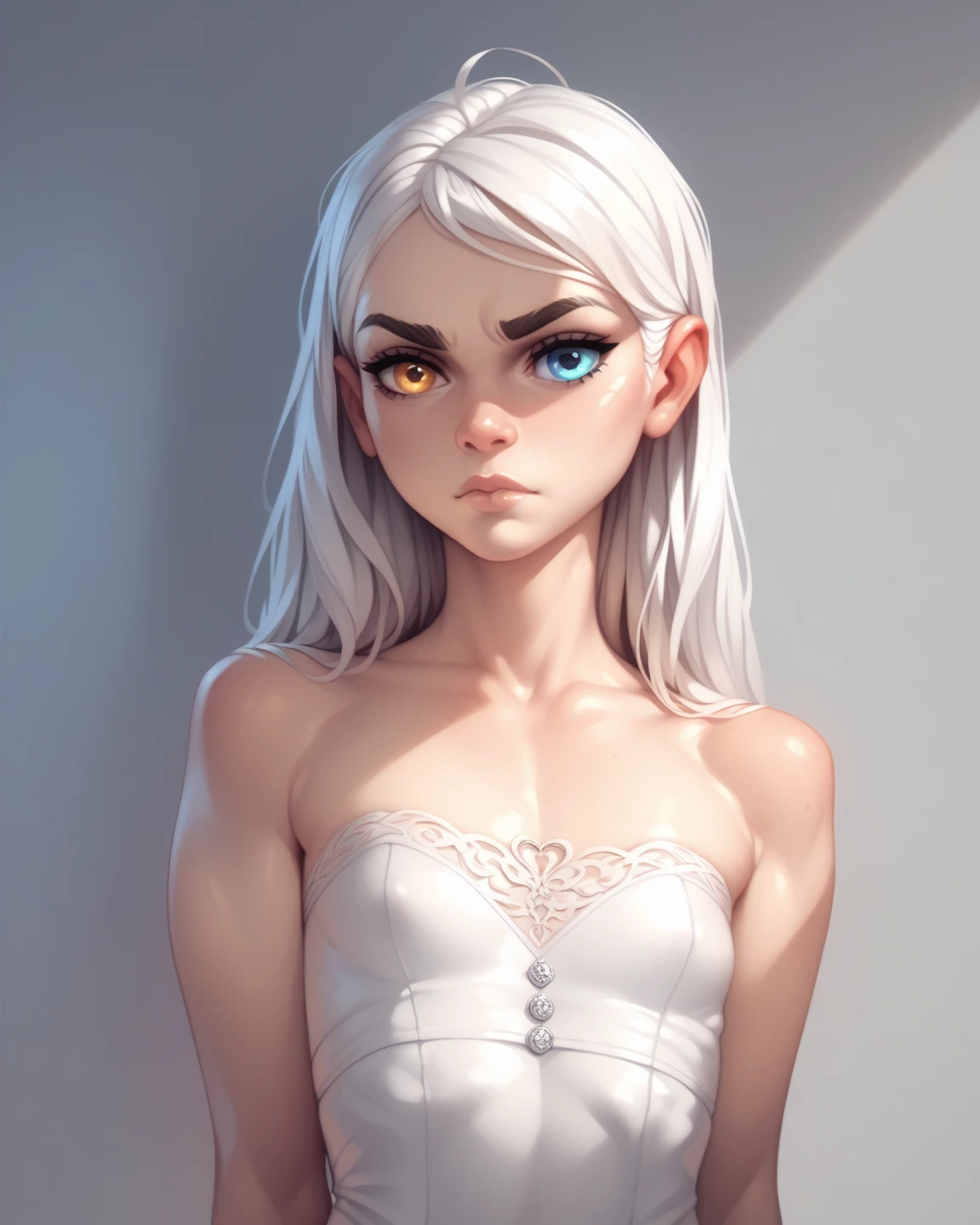 sam yang,1girl, backlighting, bare shoulders, black choker, blurry, blurry background, blush, breasts, choker, cleavage, closed mouth, collarbone, earrings, forehead, freckles, hair over shoulder, jewelry, long hair, looking down, pointy nose, red lips, shadow, solo, thick eyebrows, thick eyelashes, upper body, white hair
, ((masterpiece)), <lora:samdoesartsSamYang_offsetRightFilesize:1>