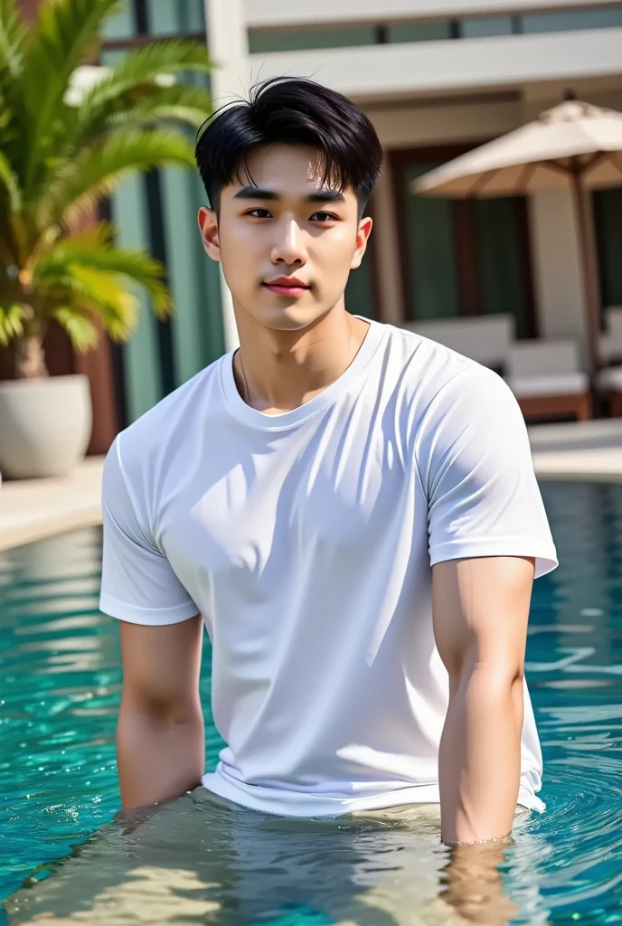 man , Raise your arms behind your back. , white t-shirt, black short hair , outdoor , cute smile , หน้าhandsomeแบบเกาหลีสมจริง , modest muscles , Masterpiece、High resolution、Surreal、detailed face、alone、man、Glowing skin、(Asia)、handsome、Detailed background