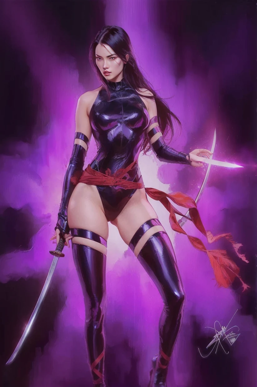 vector t shirt art ready to print, water color, graffiti style, Chinese brush art, full body, Aubrey Plaza as Psylocke, wearing a 90's  X-Men two piece cyber ninja suit with hood, Japanese Katana, white background
