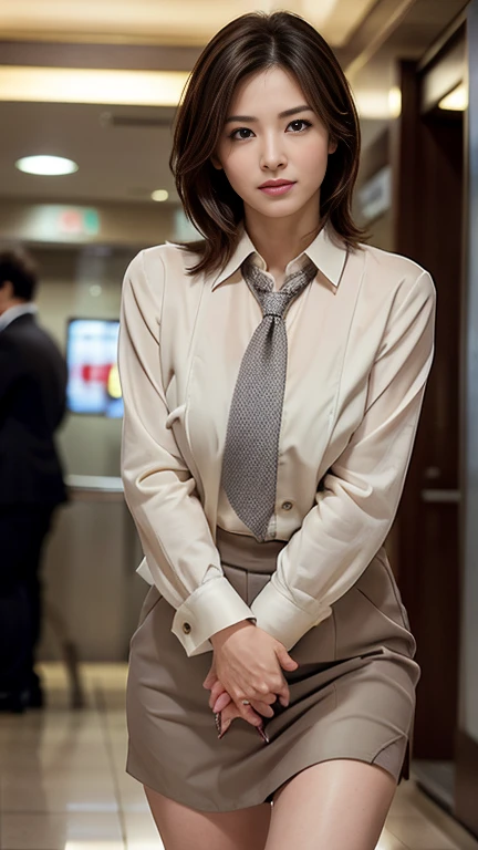 Japanese women,Serious expression, ((Full body photography)), (Walking), Black Hair, alone, Semi-long hair, In the office, 48 years old, Nasolabial folds, Realistic shapes, Full body photography, Glamorous figure, Shapely, flat chest:1.5, Business look, (white, Collared shirt), (beige, Formal tight skirt), pumps, Earrings, necklace
