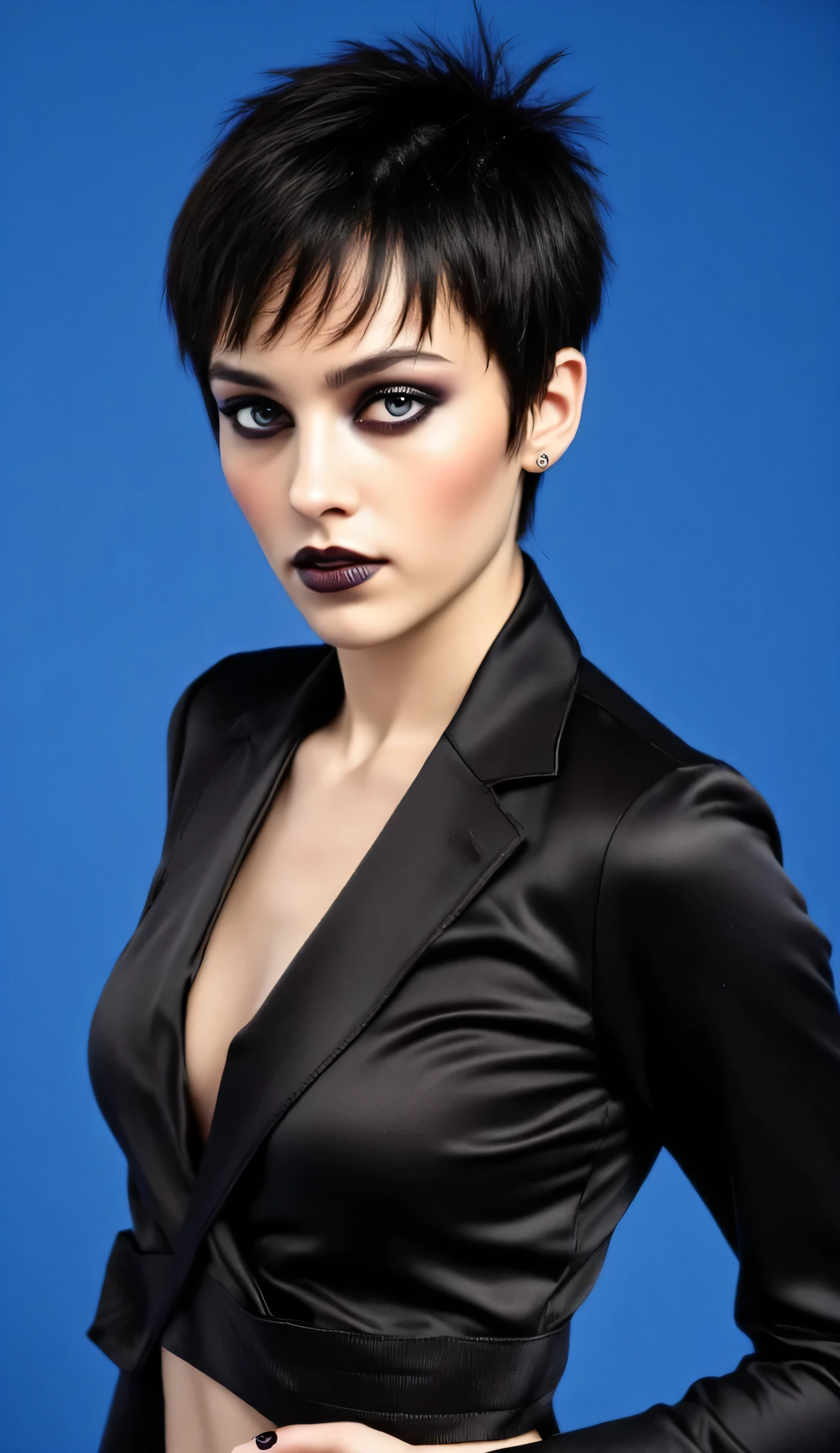 ((realism, photorealistic, life-like photograph)), beautiful French 18year supermodel, short undercut spiky black hair with darkindigo highlights, blackout eyeshadow, black lips, blue eyes, indigo silk shirt under a black suit jacket, onyx earrings, ((((portrait, closeup face, she has pale skin, her albino skin is flawless)))), she's standing in a dynamic full-body modeling pose, slight side view, nothing in the background but a blue screen at her modeling shoot