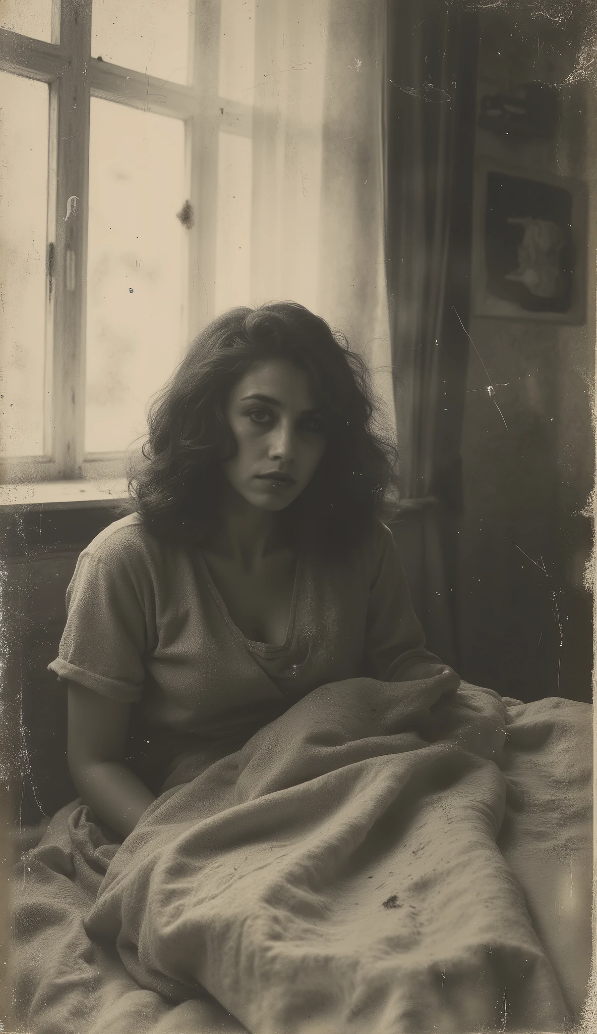 Very sad woman in bed, round face, straight brown hair, brown eyes with dark circles under the eyes — she wakes up screaming in her room, sweaty and out of breath. The sheets are soaked. Moonlight comes through the window. She stares blankly at the ceiling. Era: 1933. discolored old photo, sepia, soft colors, light golden shade of sunset, masterpiece, High Quality, super detailed theme, Resolución ultraalta, 8K.