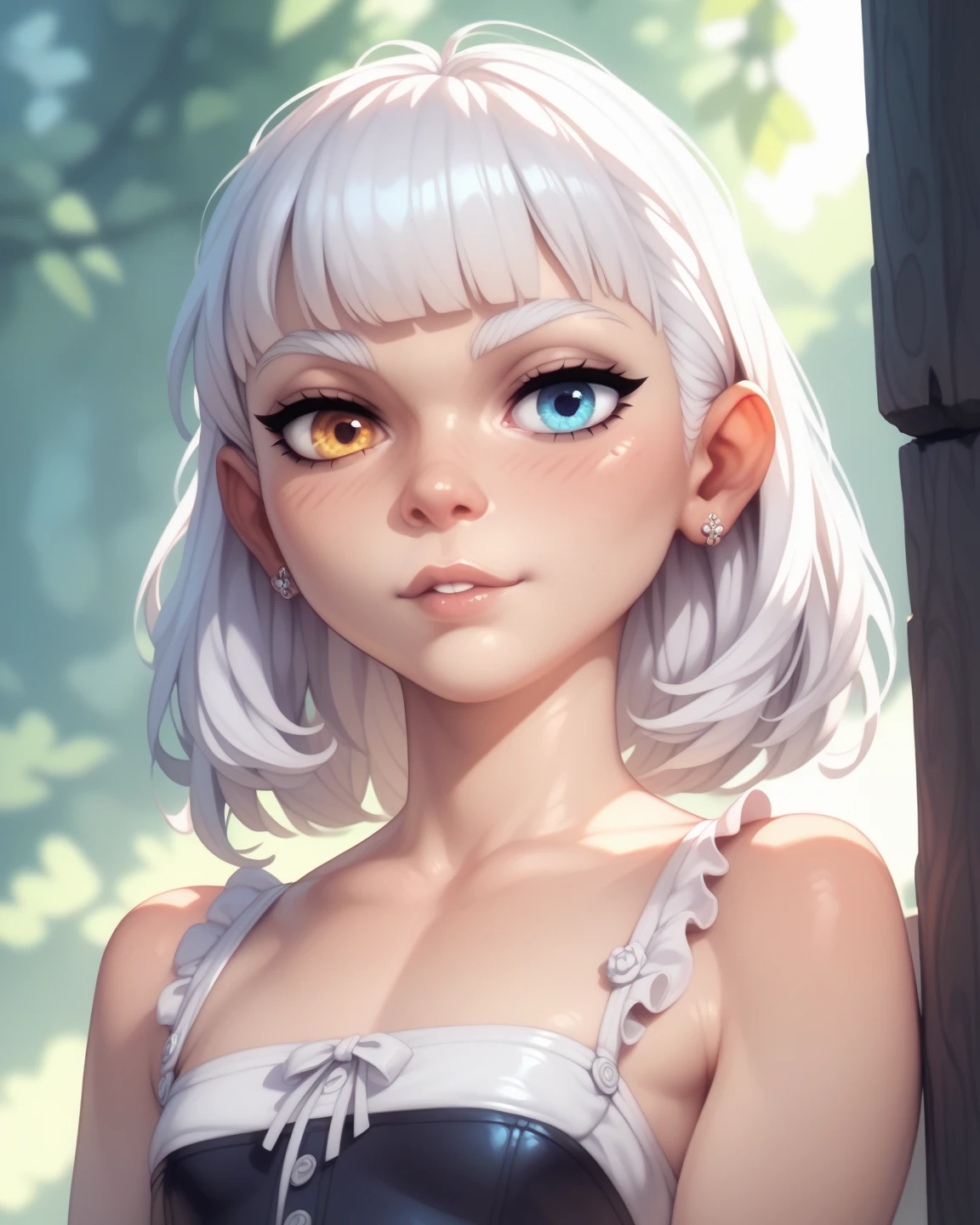 a caucasian woman, grey eyes, white hair, bone witch, profile view, detailed bone white clothing, bones around, black forest background