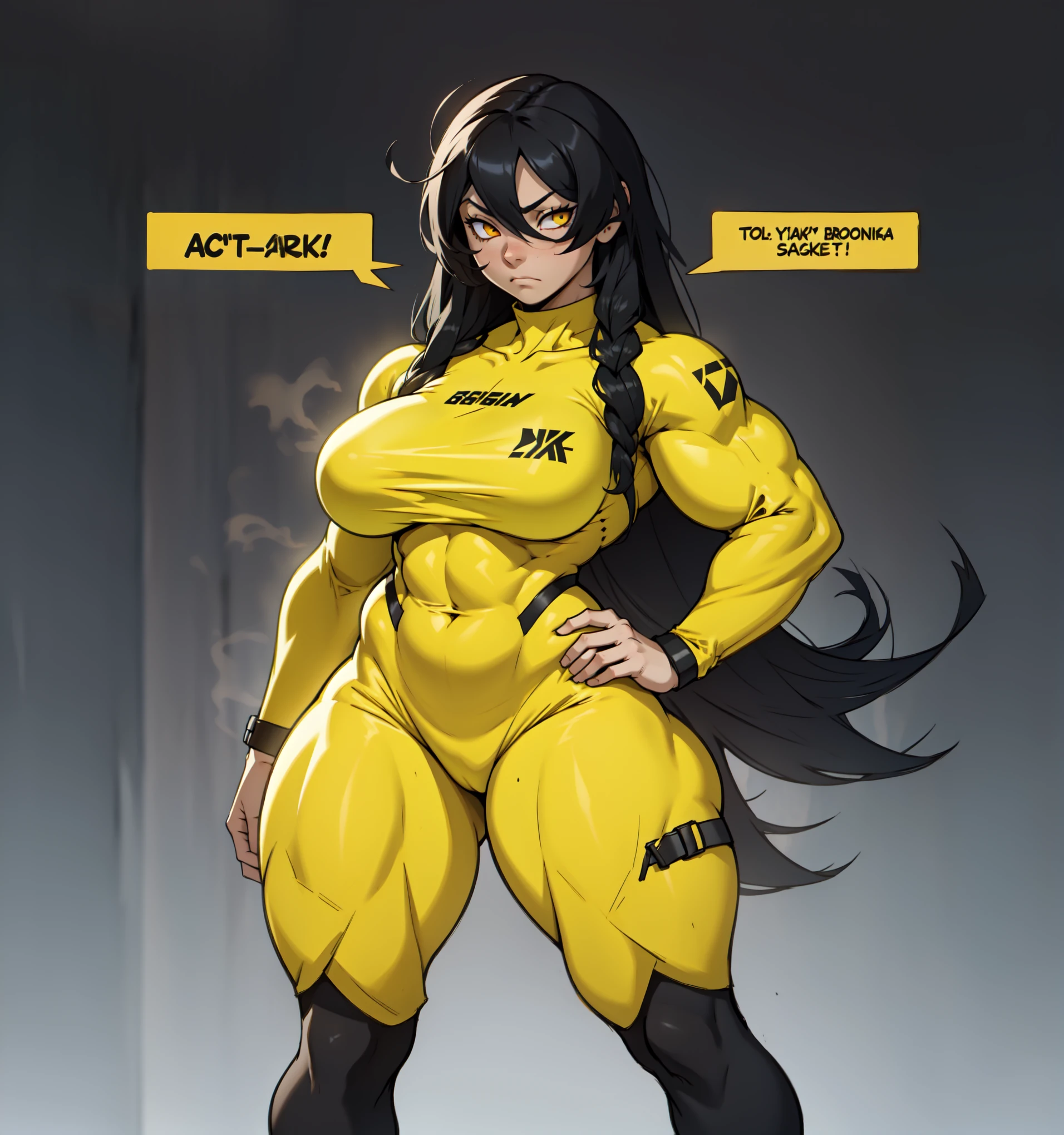 ((girl muscular thick)) pale skin black hair ultra detailed eyes huge large breasts toned body embarrassed blush very long hair skintight suit yellow eyes