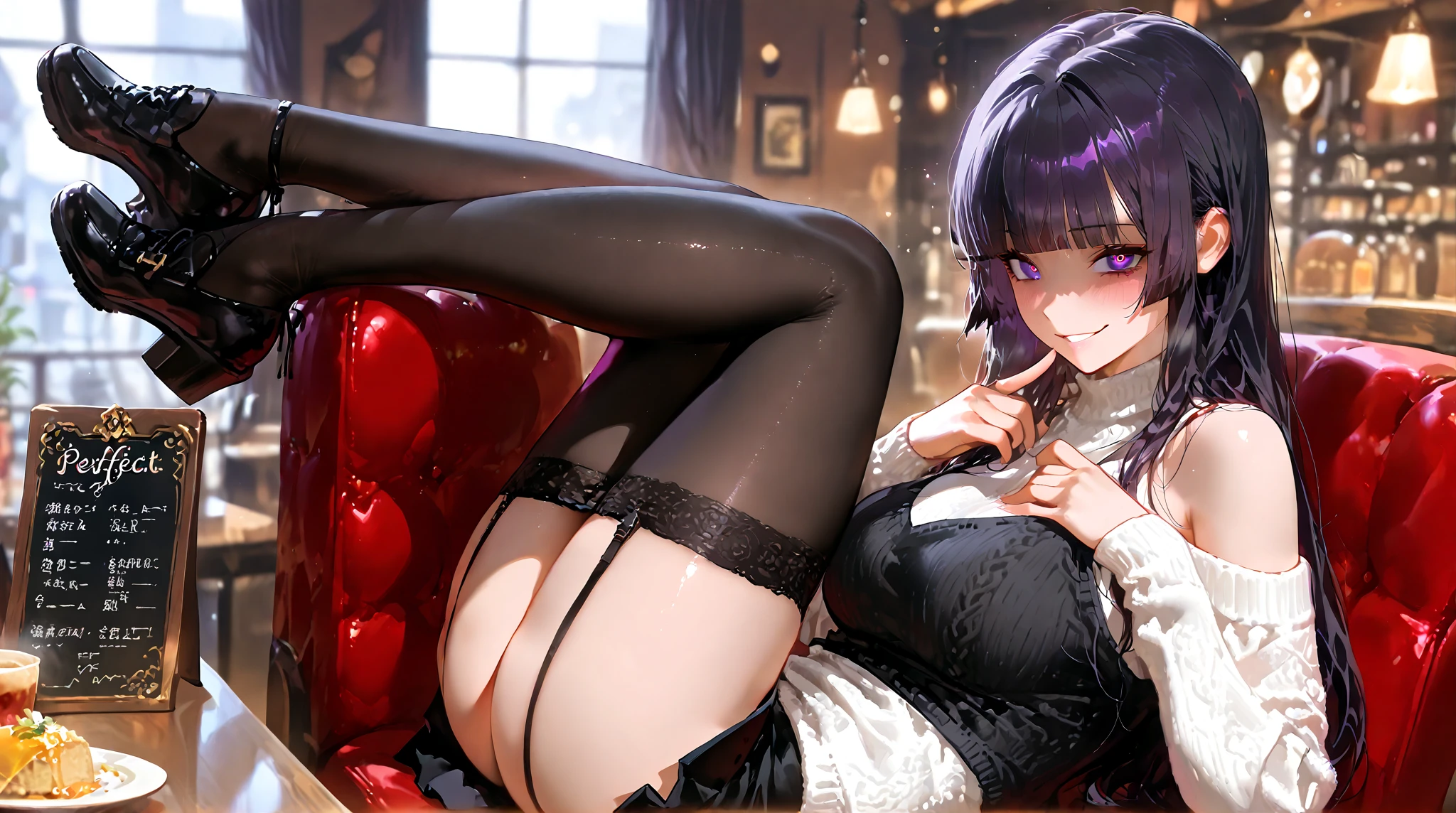 1girl,solo, (((lying sideway))), full body, (((on couch)), purple hair, (((lace-trimmed bra))), panties, ((garter belt)),(((black thighhighs))),on side, living room,on back,crossed legs, ((shirtless)), seductive smile,(((gloves))), choker,((sitting sideways)),corset, elbow gloves