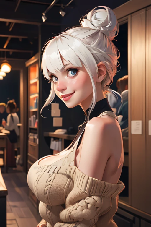 Milfs, one women, busty, huge breasts, huge breasts, mature female, heavy breasts, slick hair, (Silver hair), light-skinned woman, blue eyes, BIG ASS, with his chin resting on his hand, looking down at viewer, Bra edges on the sweater, sensual cleavage, Full breasts, Breasts larger than the head, Face Madura, curvy woman, thick thighs, voluptuous woman, black belt, Bra strap appears, soft breasts, female focus, charming face, Imposing woman, high waisted jeans, white tank top, teasing with your breasts, sitting on a restaurant chair, a meeting, first-person perspective, before the admirer, Hearts over the head, Candle lighting, in an elegant restaurant, Glass of wine, sits in front of the viewer, (sitting at a table in a restaurant), Upper body shot, partially visible body, crowded restaurant in the background, in the night time, Romantic atmosphere, Silver hair