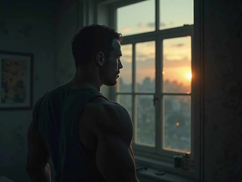 masterpiece, best quality, highres, close-up portrait, ((wide angle)) male focus, solo focus, middle-aged man, ,showing his big dick, hairy dick, beefy, burly, hairy, manly, (shirtless:1.2), wearing sweatpants, on a high rise balcony, cigarette in mouth, smoke, looking into the distance, (sunset), incredible composition, seen from the side, HDR, volumetric lighting,