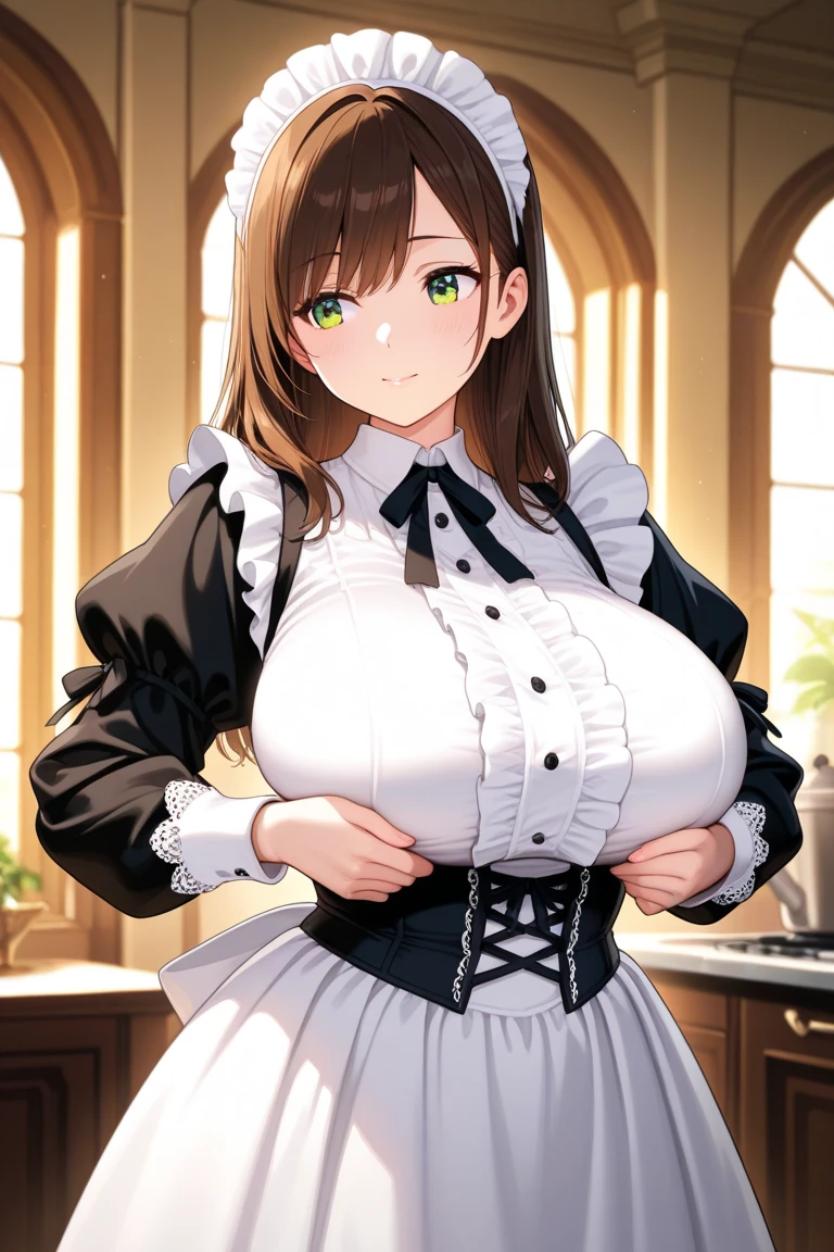 Meisterwerk, (realistisch), high-res, hochdetailliert, kompliziert, Beautiful women, rote Haare, blaue Augen, Sommersprossen, detailliertes Gesicht, maid outfit, looking at viewer, showing boobs, smile, huge boobs, in Cafe, serving you, lehnen, nude boobs, pink nipples