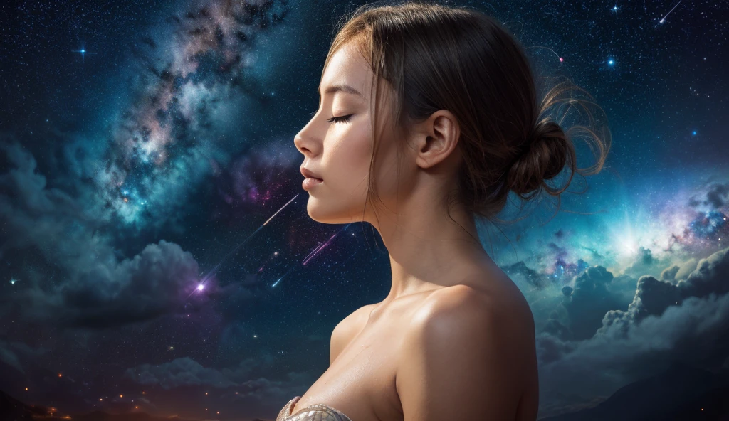 High detail, Super Detail, super high resolution, Girl enjoying time in dream galaxy, Surrounded by stars, A warm light illuminated her, background - starry sky with colorful galaxies and galactic clouds, stars fly around her, gentle face, adding a playful atmosphere.