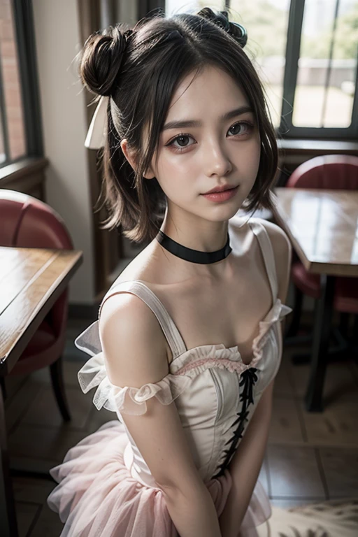 (Highest quality, masterpiece, Ultra-high resolution, 8k, RAW Photos, Realistic, Anatomically correct:1.5), 20-year-old girl:1.2, Embarrassing, avert your eyes, blush:1.0, View Viewer, ((bar)) 、Large windows、Night view、 Light:1.2, Bokeh, Cinema Lighting:1.0, Depth of written boundary, sharp、 Cute Face、Idol、(Black short sleeve lace top)、(Black tulle skirt)、”dwarf”、(Floral clothes)、(Full Body Shot)、Side angle、Cowboy Shot、( smile)、((Ultra short hair、Berry Short))、(Straight bangs)、((See-through))、(( One woman))、Waist、I can see your thighs、