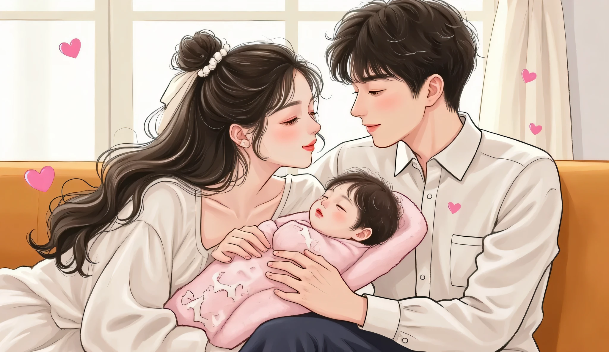 A beautiful fair-skinned woman gently holding a newborn baby girl in her arms, sitting by a window with soft morning light. She has long black hair tied loosely, wearing a white flowy dress, Douyin-style natural makeup with soft lips and glowing skin. The baby is wrapped in a pastel pink blanket, sleeping peacefully. Beside her, the male lead, with short dark hair and a warm, gentle expression, sits close, looking at the baby with affection. He is dressed in a simple, elegant shirt and dark trousers, exuding a calm and loving aura. Semi-realistic manhwa style, warm and serene atmosphere, focus on the woman's tender expression and motherly elegance, with a soft gaze from the male lead. The entire scene radiates warmth and tenderness