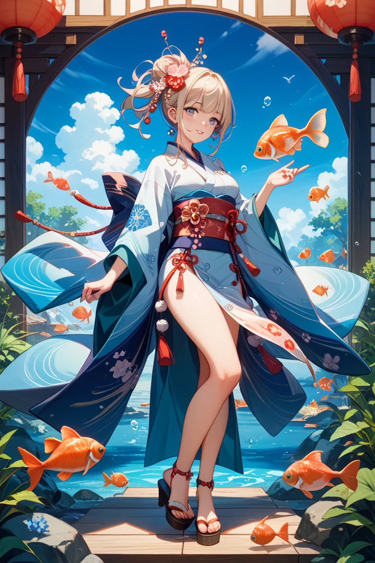 ((Masterpiece)), (Best Quality), Amelia Watson,amelia_kimono, blue kimono, yellow hakama, fish print, (NSFW: 1.5), full body, solo