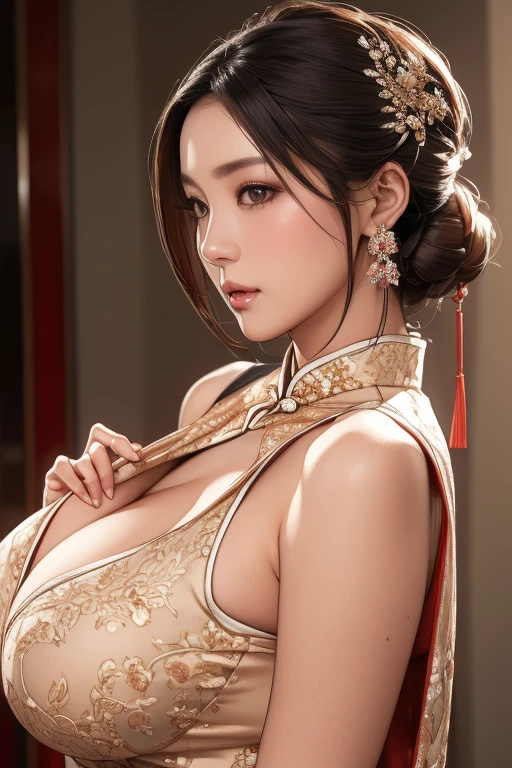 top-quality、masterpiece、hight resolution、Wuxi 1girl、(gold Chinese dress)、(((Super beautiful face)))、Super beautiful eyes、Super beautiful hair、((cleavage of the breast))、((exposed breast))、((Sexy cleavage、very highly detailed breasts))