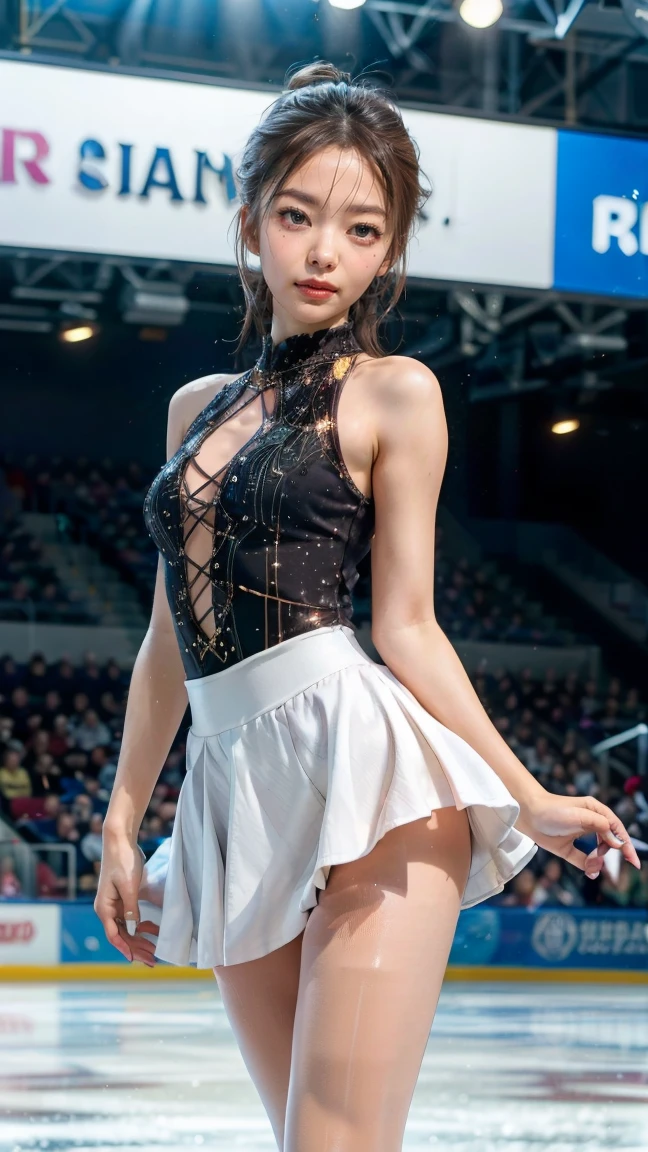 (smile))、Confused、RAW Photos、(((The ultimate portrait masterpiece)))、((The cutest girl in the world:1.4))、1 girl、、Japanese、Cute face、((Silky Hair))、(A high ponytail tied with a ribbon:1.4)、((Super huge breasts:0.3))、((Eyes that shine like jewels))、Glowing Skin、(young woman),Thin ribbon、(Uniforms made from high-quality fabrics:1.4)、Ultra-detailed uniforms、(She shyly pulls up her skirt:1.3),((Crotch from the front))、A skirt fluttering in the wind、eyeliner、Beautiful Bangs、Hair between the eyes、((solve、High resolution))、Detailed Background、8 KUHD、Digital SLR、Soft Light、high solve、Film Grain、Fujifilm XT3、Shallow depth of field、自然なSoft Light、Narrow waist,(Beautiful girl with sparkling eyes:1.4),(A big bust that seems to burst:-0.5),(You can see the shaved pan:1.59),(Very beautiful shaved pussy:1.5),(The idol-like cuteness of high school girls:1),(Professional figure skater female:1.3),,(A very old and worn out pussy:-0.7),(During the ice show),(Crouching on the ice)