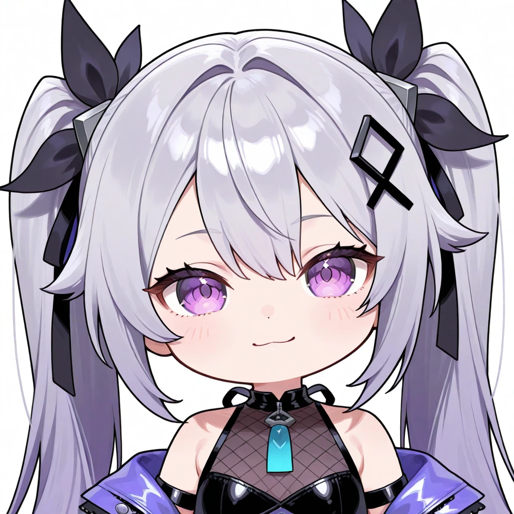 girl、light brown gray hair、hairstyle side up、Blue-purple eyes、slanted eyes、Black Jersey、simple、morning、Grinning face、mini character