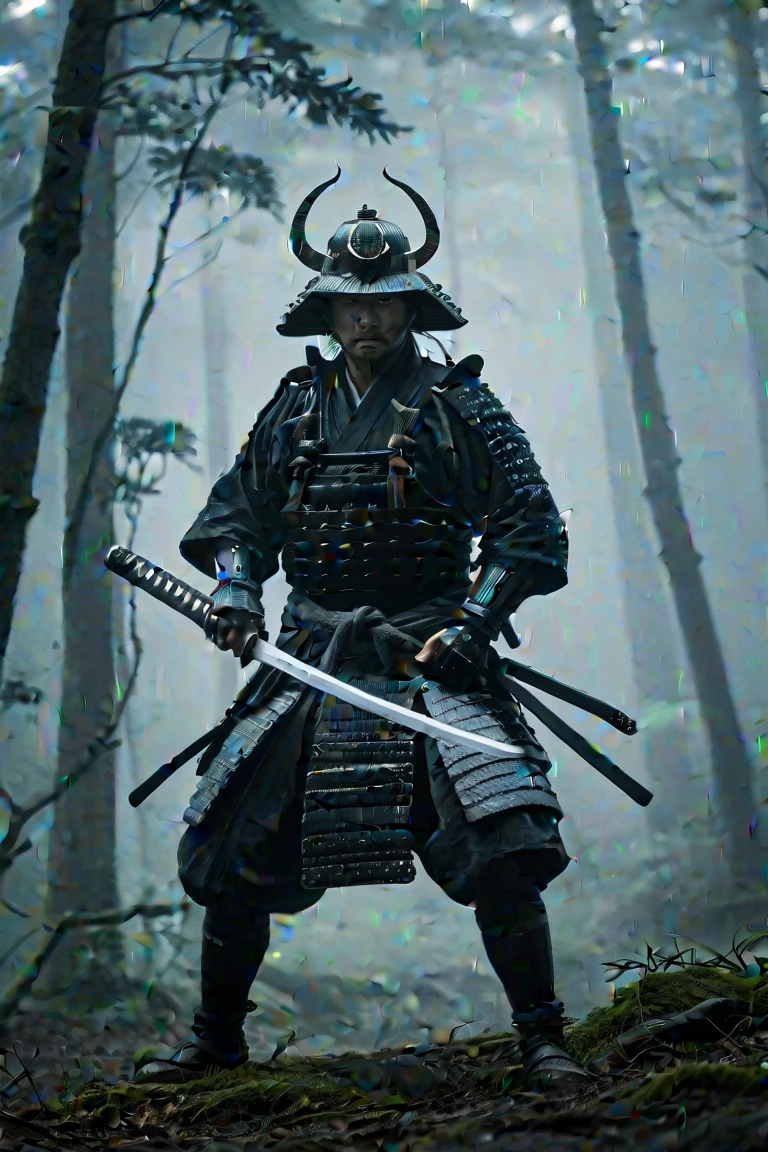 a dramatic movie scene, lone samurai shogun warrior with katana in a foggy forest, dynamic action pose drawing katana mid-motion with intensity, facing forward, cinematic lighting with very subtle lens flare, dark moody tones, highly detailed samurai armor with intricate patterns, misty atmosphere