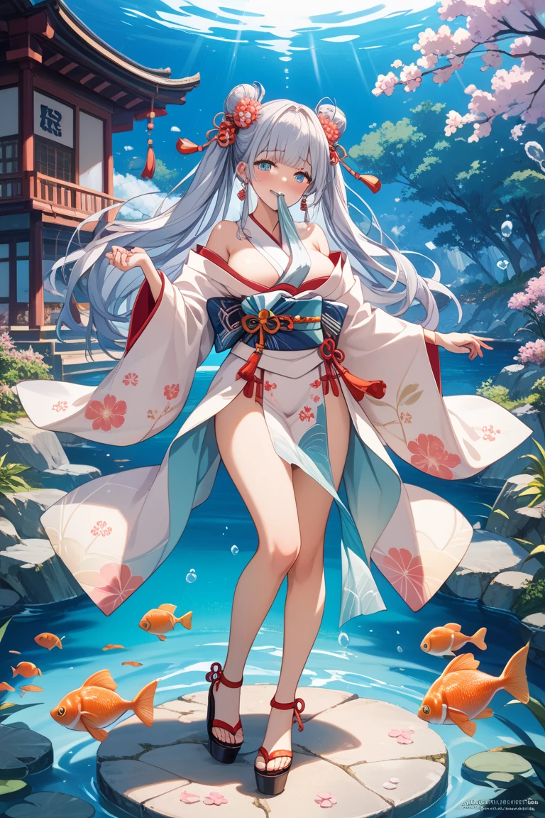 whole body、Gorgeous off-shoulder kimono、Wet body、Water-transparent shirt、Extremely large breasts(3700)、red lotus、NIKKE、Cold look、Holding a long sword、Hat on head
