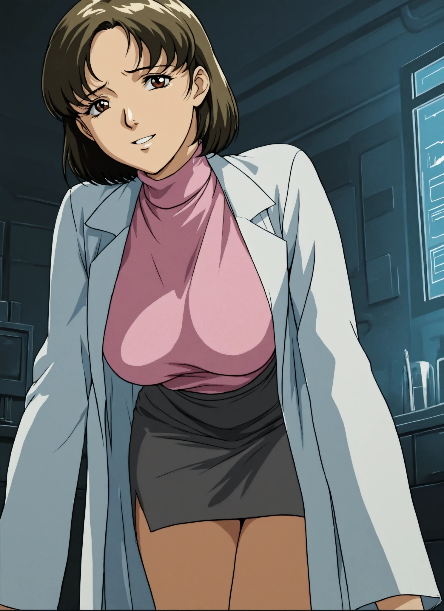 urotsukidoji researchgirl,
(solo:1.4),
1girl,brown hair, short hair, brown eye, sexy body,
(white long labcoat:1.4), (pink turtleneck:1.4), (gray pencil skirt:1.4), bare legs, bare thighs, (parted bangs:1.4),
relaxed expression, smile, sitting, looking at viewer
indoors, (night:1.4)
portrait,(wide shot:1.4)
(masterpiece:1.4), (best quality:1.4),
professional artwork, intricate details, vivid colors, Diffused lighting, digital blending, ultra detailed body, ultra detail hair, ultra detail face,
<lora:urotsukidoji_researchgirl_ver5-10:0.8>