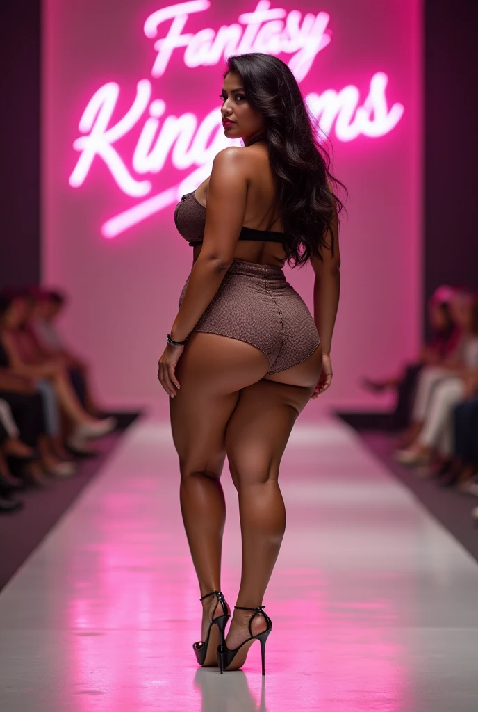 Create a stunning tanned, caucasian girl, 25 year old Instagram influencer with long straight brunette hair, and with a curvacious body with a small waist and thick thighs. Have her posed in a tech wear inspired neon outfit, with fishnet tights, on the stage at an outdoor music festival, caputring the fun lighting and smoke of the show. Have the girl slightly smiling.