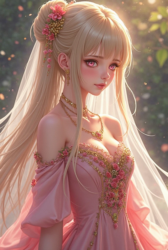 (best quality, 8K, masterpiece:1.2), Octane Render, pink fashion, elegant dress, pink long hair, beautiful woman, pretty eyes, gentle smile, flower hair ornament, surrounded by flowers