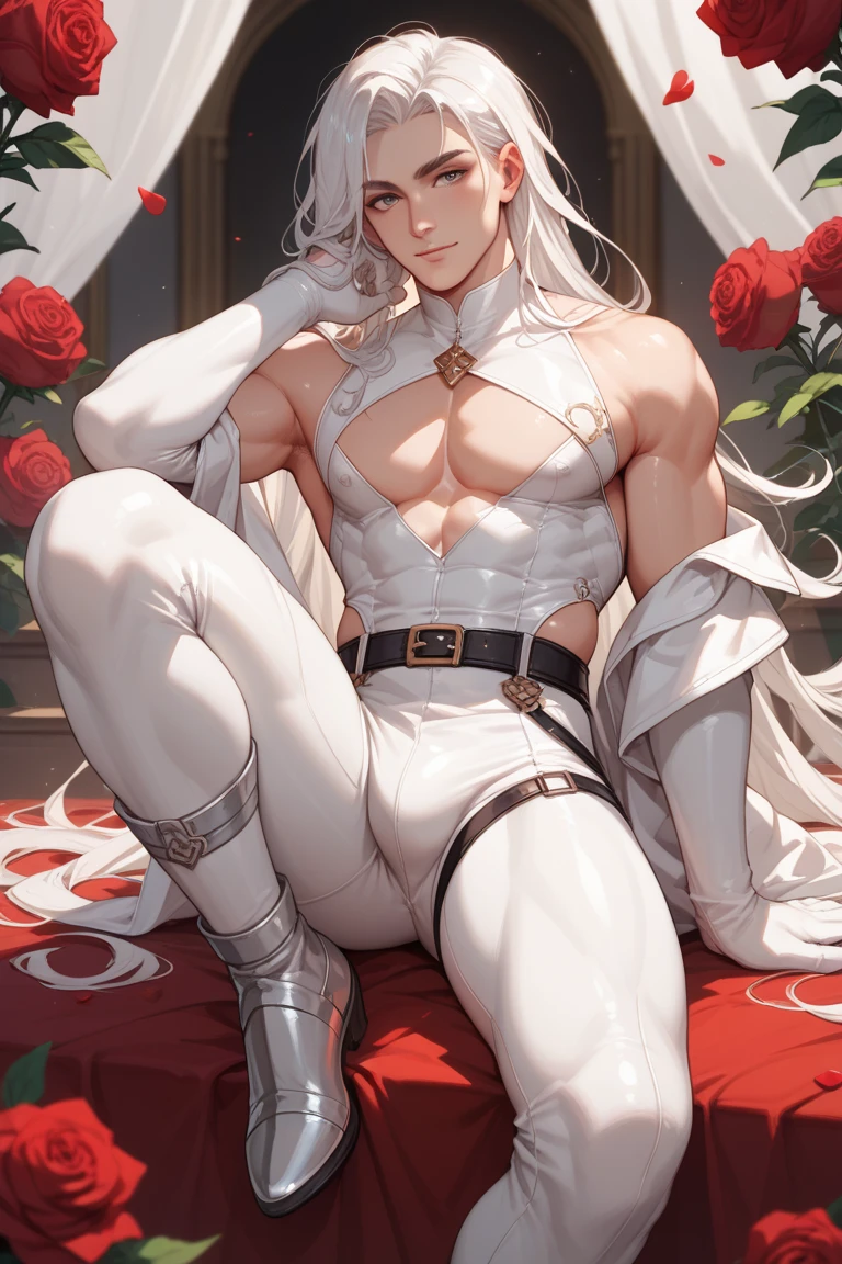 A tall man, muscular, clear skin, Hip-length hair, loose white hair, in sexy pose, whole body, Sitting with legs open, hand near mouth licking his thumb