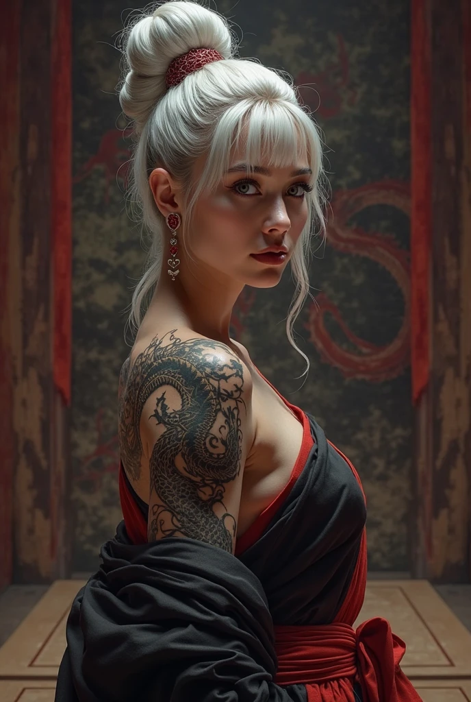 Low-angle shot full-body portrait of captivating Japan woman with a tattoo of a dragon on her body, white hair, contrast, sensuality, dominance, seduction, HDR, RAW, close-up, dramatic