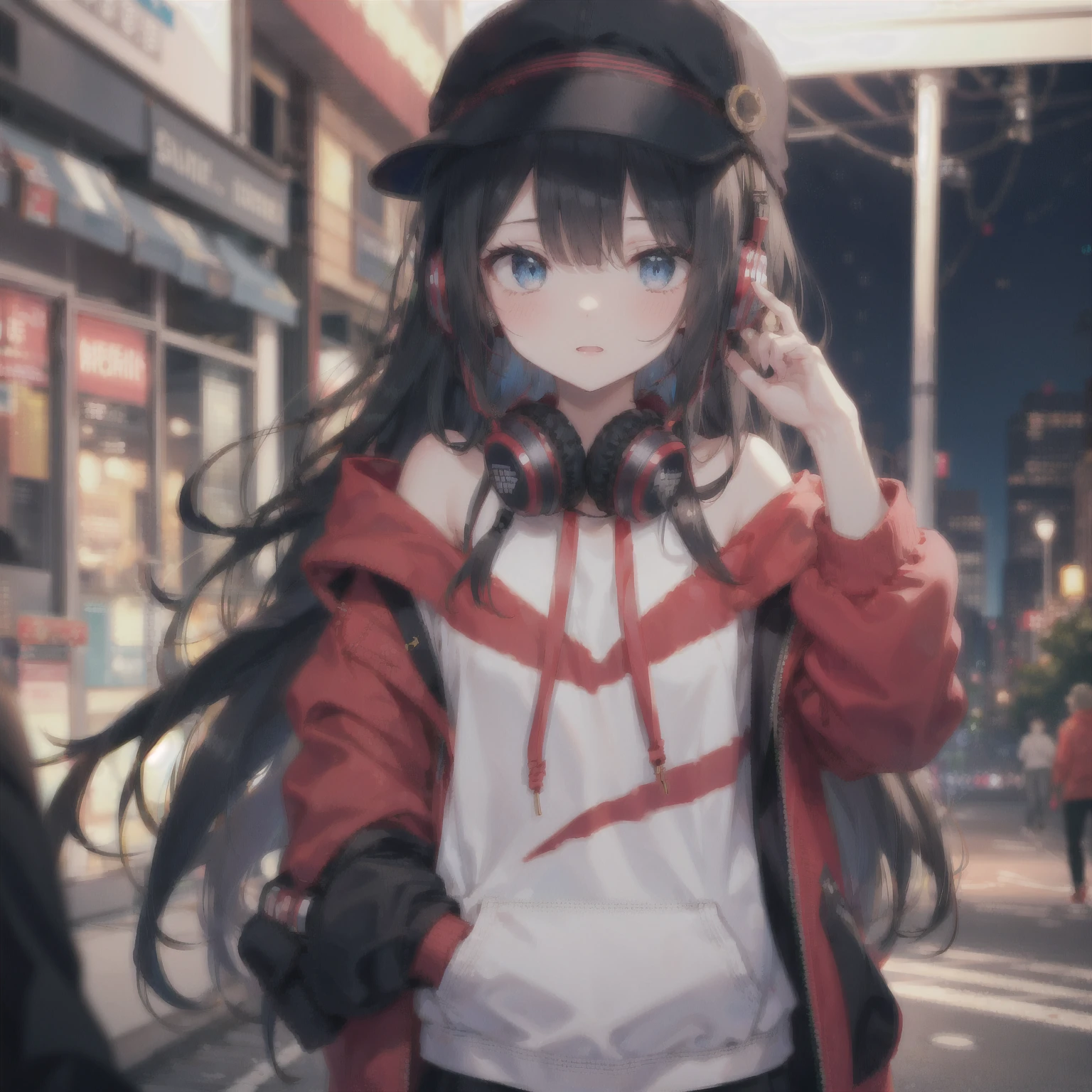 masterpiece, Highest quality, Hu Tao V4, One girl, alone, blush, Twin tails, Long Hair, Hair between the eyes, ((Streetwear)), city, Outdoor, night, Movie Posters, 非常に精細な8k, Smooth, High resolution, super high quality, Cinema Lighting, Ambient Occlusion, High resolution, 2k, 4K, 8k, 16K, Highly detailed anime, Detailed face, Perfect composition, Wide Shot, Atmospheric lighting, Very sexy, Lift up your skirt, Random waist angle, No correction, Browsing Caution, No correction