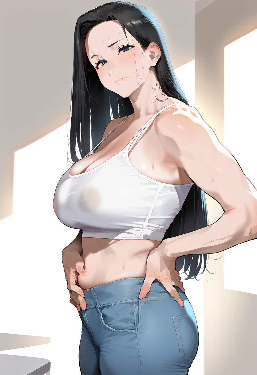 gal girl, hair bangs, naked shoulders, black pant, Very large breasts, Breasts squeezed together, grey backdrop, hair between eyes,, long haired, View viewer, Super short pants, Parting lips, Red eyes, camisole, simplebackground, Sleeveless, Sleeveless shirt, 独奏, , V臂, whitehair,(Shiny skin),(杰作:1.4),(best qualitiy:1.4),,,Facigirl,red-lips,Perfect abs,Belly button,(:1.5),(Clear areola), ,Super huge,sweat,pregnant women with