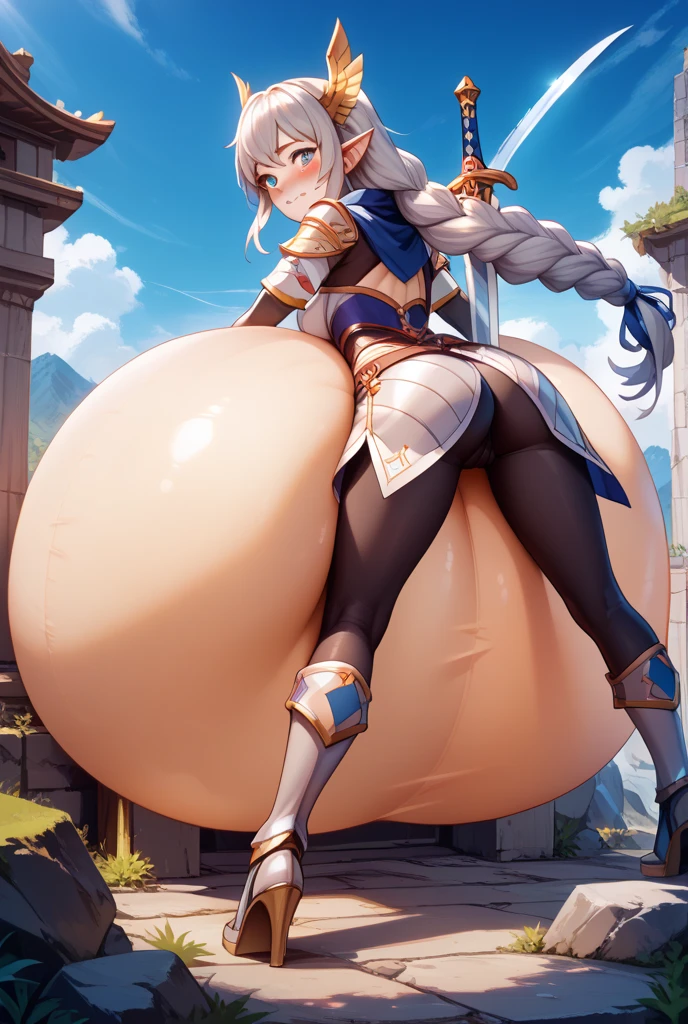 1girl, solo, white healer's armor, grey eyes, long white hair, bushy ponytail, bushy bangs, earrings jewelry, full body, standing, full body shot, sky, looking at viewer, blush, sweat, shy smile, (gigantic breasts:1.3), (huge breasts:1.3), skindetantion, skindentation on breasts, seductive, smug, (huge hips), (huge thighs),(wide hips), (thick thighs), (gigantic hips:1.2), (gigantic thighs:1.2), (venusbody),