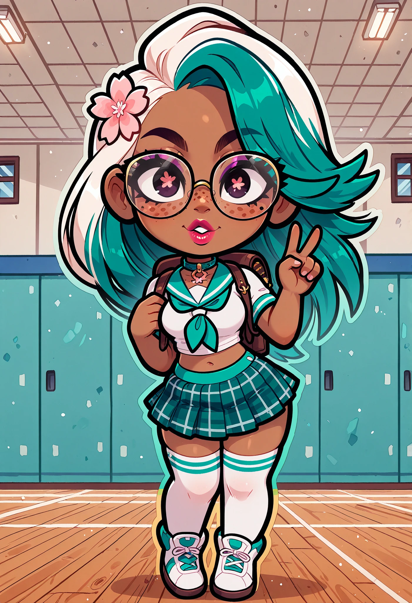 (masterpiece), 1girl, solo, best quality, expressive eyes, perfect face, newest, perfect anatomy, flawless face, dark skinned African female with long hair and glasses, multicolored hair, white knee high stockings, collar, tight green sailor top with short sleeves, tight short pleated plaid green miniskirt, color saturation, makeup, lipstick, glossy lips, freckles, white boots, looking at viewer, hair blowing in wind, smiling, green hair, two-tone hair, in a school gym, full body, full body in frame, chibi, sakura flower in her hair, backpack, peace sign, pursed lips