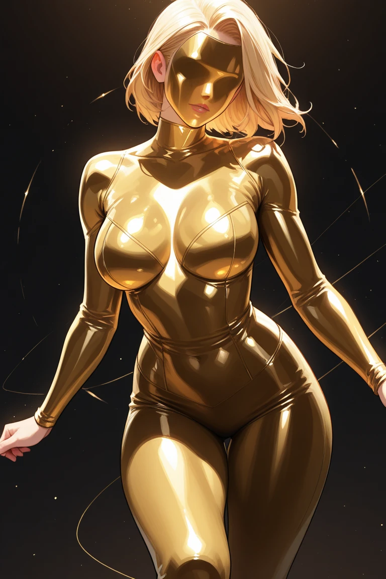Honey Gold, masterpiece, leotard, full body shot, cleavage, gorgeous woman, clone, tight clothes, sleek futuristic outfit, cornrow haircut