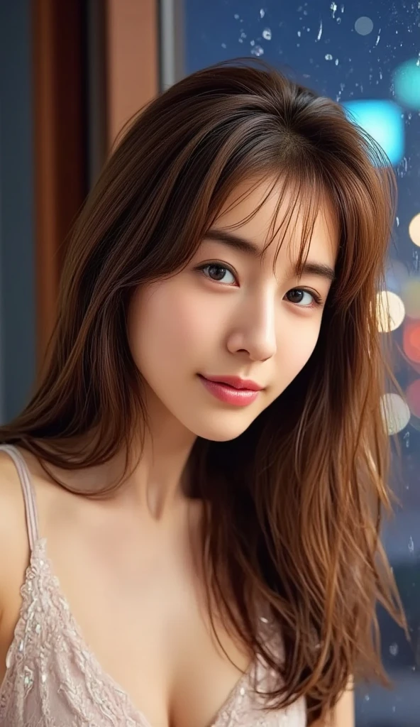 (8K, original photo, highest quality, masterpiece: 1.45), (actual, lively: 1.37),1 beautiful girl、 Japanese、asian beauty、super beautiful、beautiful skin、thin、(upper body)、(surreal)、(High resolution)、(8K)、(very detailed)、(Super detailed)、big eyes、brown eyes、long eyelashes、detailed face、gloss lip,bright lighting、professional lighting、looking at the camera、serious expression、look straight ahead、medium hair、brown hair、Hotel with night view、sitting on the sofa、Nogizaka Idol、actress、20-year-old、big breasts、huge breasts、wet skin、silver latex suit、cleavage cutout、baby face、Moisturized and realistic skin texture、moist lips、natural shadows、nsfw,