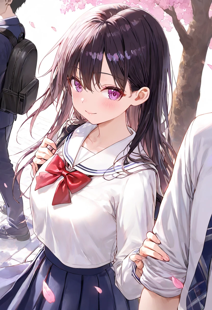 best quality, masterpiece, highres, solo, {kitakami_kantaicollection:1.15}, long_hair, black_hair, braid, bangs, single_braid, blunt_bangs, sidelocks, serafuku, purple_eyes, 1girl, black_neckerchief, hair_ribbon, looking_at_viewer, neckerchief, pleated_skirt, ribbon, sailor_collar, school_uniform, simple_background, skirt, white_background, green_sailor_collar, green_skirt, black_eyes, cowboy_shot, tress_ribbon