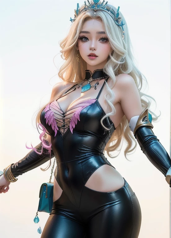 (((medium full shot))), (Masterpiece, photorealistic, photorealism, best quality, ultra-detailed:1.3), (nice hands, perfect hands), official art, cinematic light, (1girl:1.3), adult, Superhero with augmented reality glasses, sexy body, anime style, long blonde hair