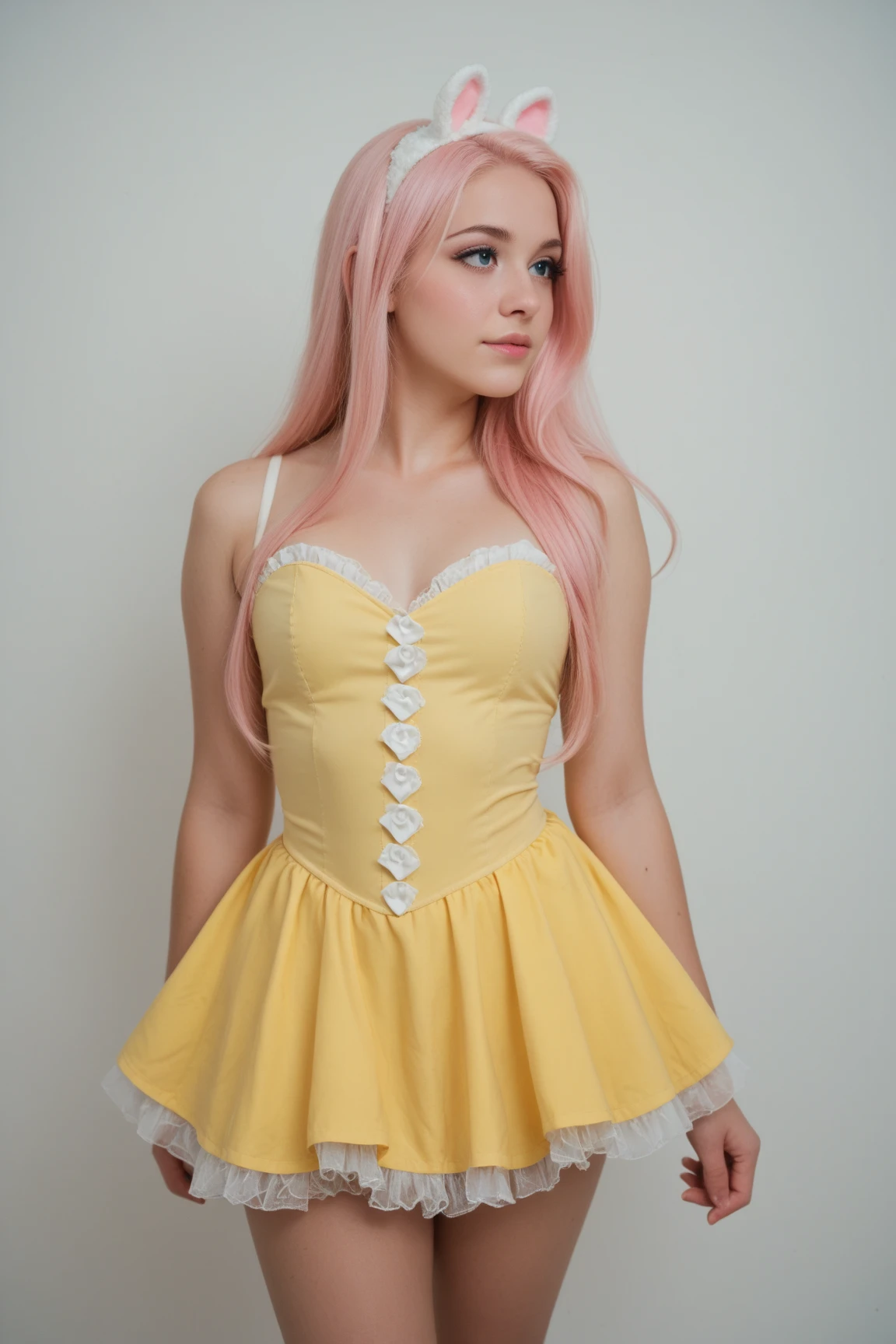 araffe dressed in a yellow dress and blue dress posing for a picture, anime girl cosplay, anime cosplay, cosplay, cosplay photo, smiling as a queen of fairies, glamourous cosplay, cosplayer, belle delphine, publicity cosplay, anime girl in real life, professional cosplay, sakura kinomoto, anime princess, anime goddess, haruno sakura, (masterpiece, best quality:1.2), 1girl, solo, (pink hair:1.5), (long hair), (ponytail), bangs, (blue eyes:1.5), closed mouth, smile, grin, collarbone, braid, ((french braid)), (eyebrows), shiny hair, (medium breasts), eyebrows visible from hair, dress, (yellow dress:1.5), (cowboy shot:1.5), looking at viewer, indoors, government palace, older female,