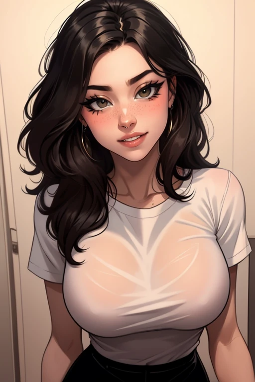 Portrait étonnant d&#39;une femme sexy portant ses longs cheveux noirs succulents et raides, seductively gazing and souriant, Sweet Lips, separated, rougir intensément, souriant, t-shirt blanc, jeans baggy, poitrine moyenne, corps parfait