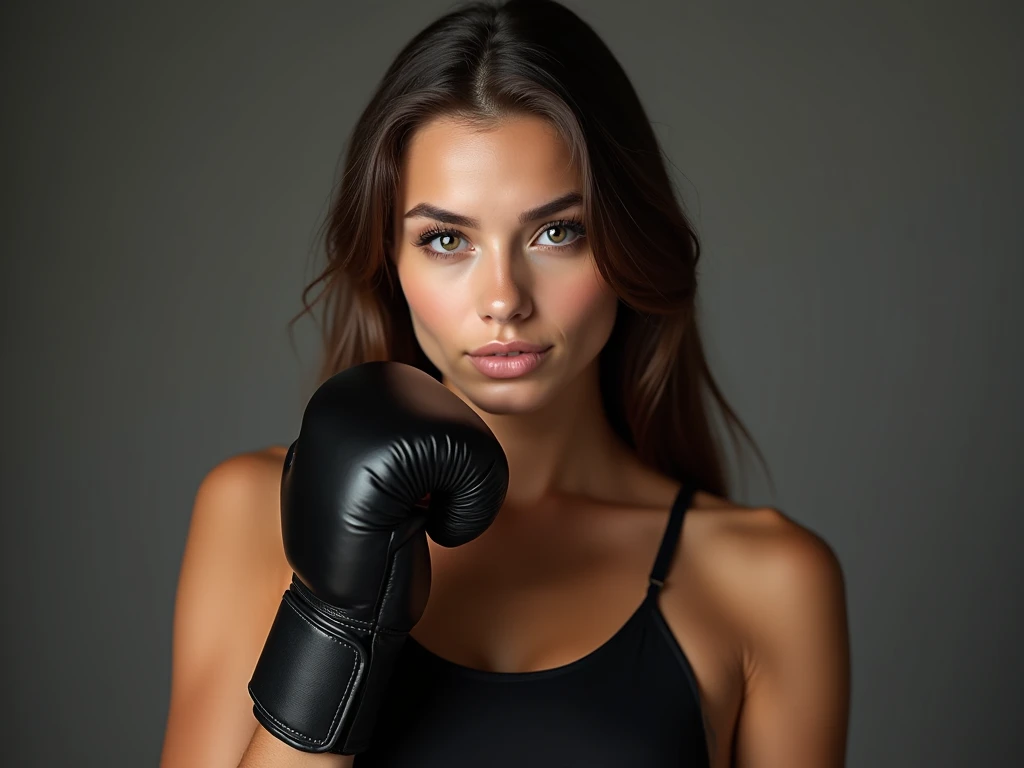Woman boxer, handsome face, toned, white smooth gleaming skin, sports bra, long black pants, long black hair, boxing gloves, sweating