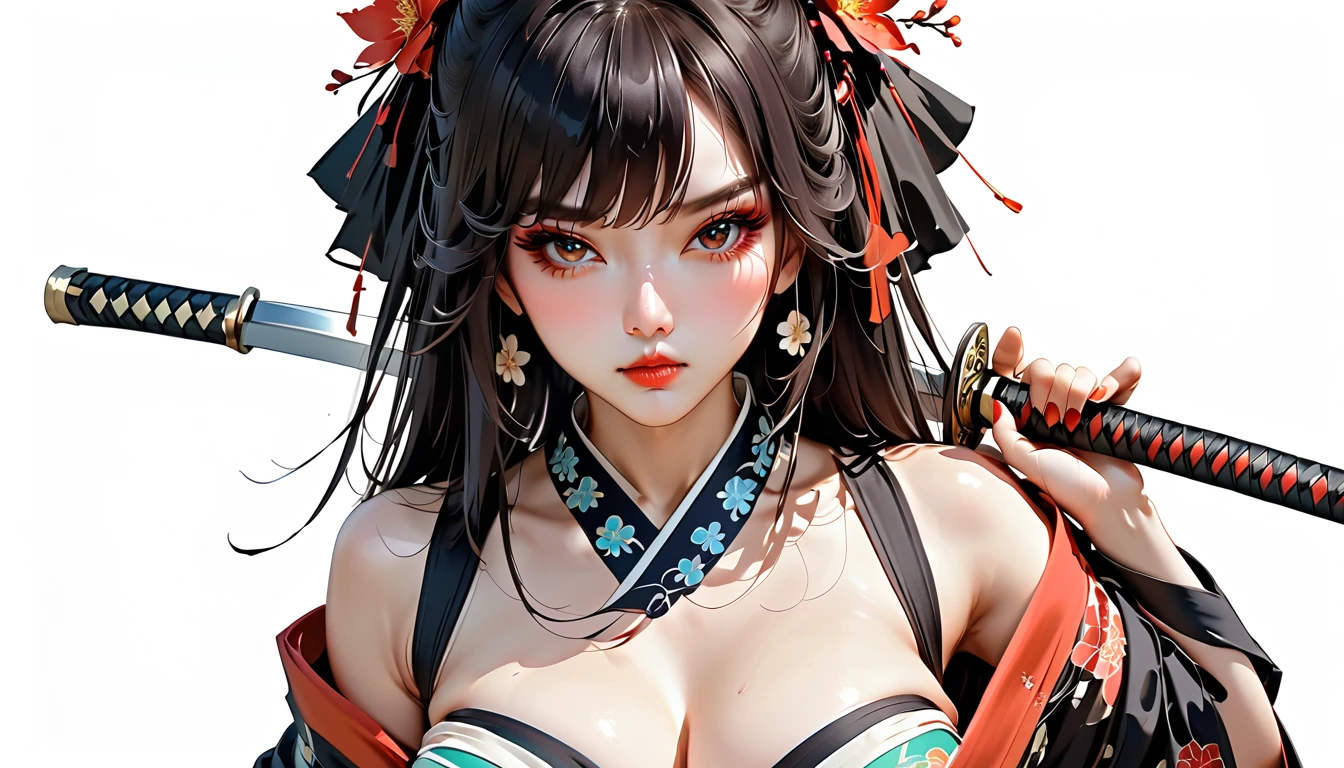 “A high-resolution wallpaper featuring a woman with long black hair styled in an updo, illuminated with side lighting that casts half of her face in shadow. She is wearing a white kimono adorned with red floral patterns. Her face, adorned with red eyeshadow and red lipstick, reveals striking red eyes. She has tattoos extending from her face to her arm. She wears traditional hair accessories and earrings. She holds a silver, gleaming katana in front of her face, with the blade catching the light. The overall mood is intense and dramatic."tooth, Sticking out tongue, Sticking out tongue, Heavy breathing, Background blur, Character profile,