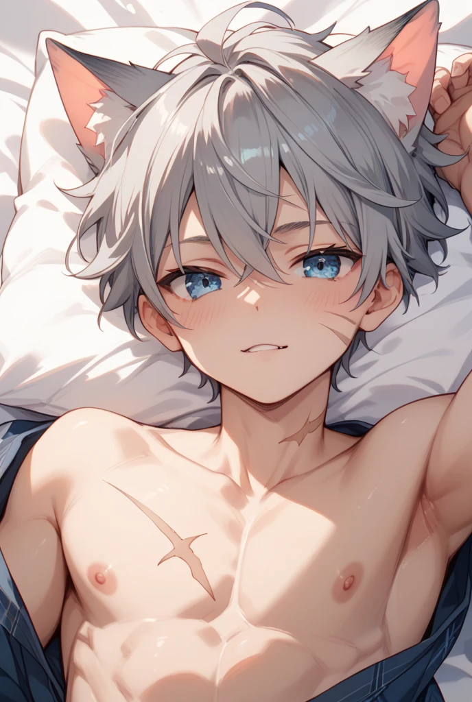 masterpiece,Close-up,naked,aldult.,male,good looking,(30th Generation),cool,adult,Cool atmosphere,I,Silver-haired,mash,short hair,Upper Body,naked,のClose-up,Excited,Wicked Smile,Droopy eyes,Yandere atmosphere,Light,Hotel Bed,Depth of written boundary