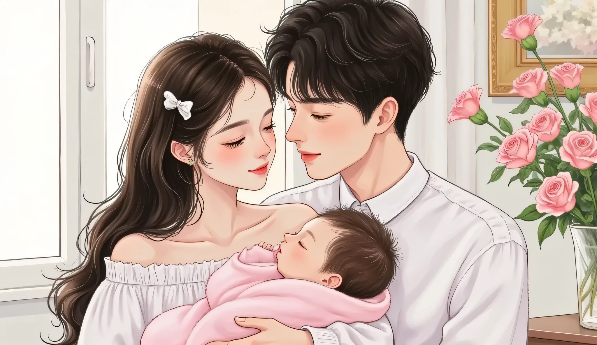 A beautiful fair-skinned woman gently holding a newborn baby girl in her arms, sitting by a window with soft morning light. She has long black hair tied loosely, wearing a white flowy dress, Douyin-style natural makeup with soft lips and glowing skin. The baby is wrapped in a pastel pink blanket, sleeping peacefully. The male lead, with short dark hair and a warm, gentle expression, sits closely beside her, gazing at the baby with affection. The scene is slightly zoomed in to focus more on their expressions and the tenderness of the moment. Semi-realistic manhwa style, warm and serene atmosphere