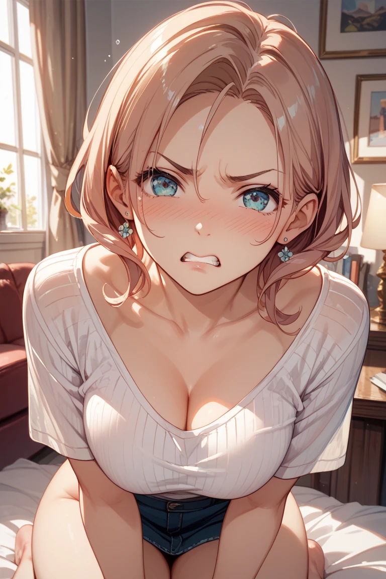 masterpiece, absurdres, best quality, ultra detailed, high Resolution, detailed illustration, bright colour, (extremely beautiful detailed face and eyes, Delicate beautiful face, 1 girl, cute face:1.3), (magenta eyes:1.1), sparkling eyes, big eyes, medium breasts, (perky breasts:1.1), (pointy breasts:1.1), medium hips, glamorous body, white skin, BREAK, long bob cut, (blonde hair:0.8), messy hair, detailed hair, shiny hair, BREAK (loose shirt, Loose chest, Cleavage:1.5), perfect lighting, (embarrassed:1.5), (ecstasy, vulgarity:1.5), (trembling:0.8), From above, slouch,
