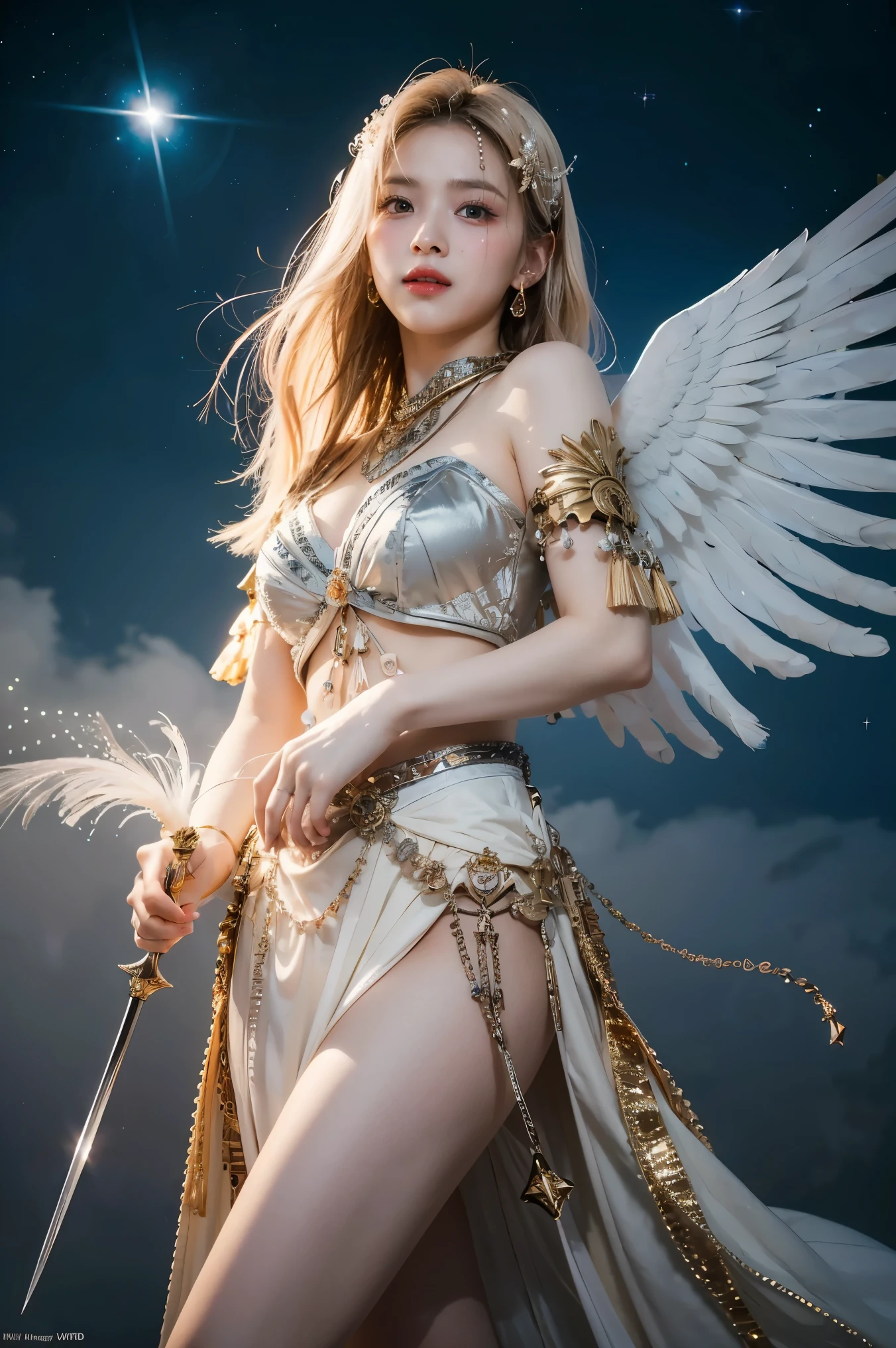 An ultra-realistic, full-body portrait of a captivating celestial warrior woman, radiating divine strength and an angelic grace, posed amidst swirling fog and a luminous, holy glow. She stands with a powerful serenity, her form exuding both otherworldly beauty and a commanding presence that inspires reverence. She wears a modern, custom-fitted armor crafted from shimmering gold and celestial white materials, interwoven with flexible plating, glowing energy conduits, and feathered wings that seem to emanate light, in a mix of luminous whites, soft golds, ethereal blues, and subtle crystal accents, creating a celestial and divine contrast. The armor features intricate patterns that mimic constellations, flexible fabrics that seem to flow with celestial energy, and embedded crystals that enhance her divine powers, designed for both protection and the channeling of angelic energies. Her photorealistic face exudes a calm wisdom and a deep compassion, with soft features and piercing blue eyes that seem to reflect the light of distant heavens and the power of divine grace. Her long, platinum blonde hair is styled in a flowing style adorned with delicate silver ornaments, crystal hairpins, and feathered wings that seem to capture the essence of celestial energy, and a soft glow surrounds her, emphasizing her holy aura. Ethereal, angelic tattoos in glowing gold and silver patterns swirl along her arms, face, and neck, adding an otherworldly and divinely radiant charm. She holds a sword that emits a powerful light, along with a shield that reflects any force that is not divine, ready to protect the innocent and vanquish evil forces. The background is a vivid combination of a fog-filled celestial platform and swirling, abstract light patterns in hues of luminous whites, soft golds, ethereal blues, and crystal highlights, emphasizing her divine power and her connection to the heavens, while the fog seems to shimmer with her holy light. Dramatic cinematic lighting casts soft, et