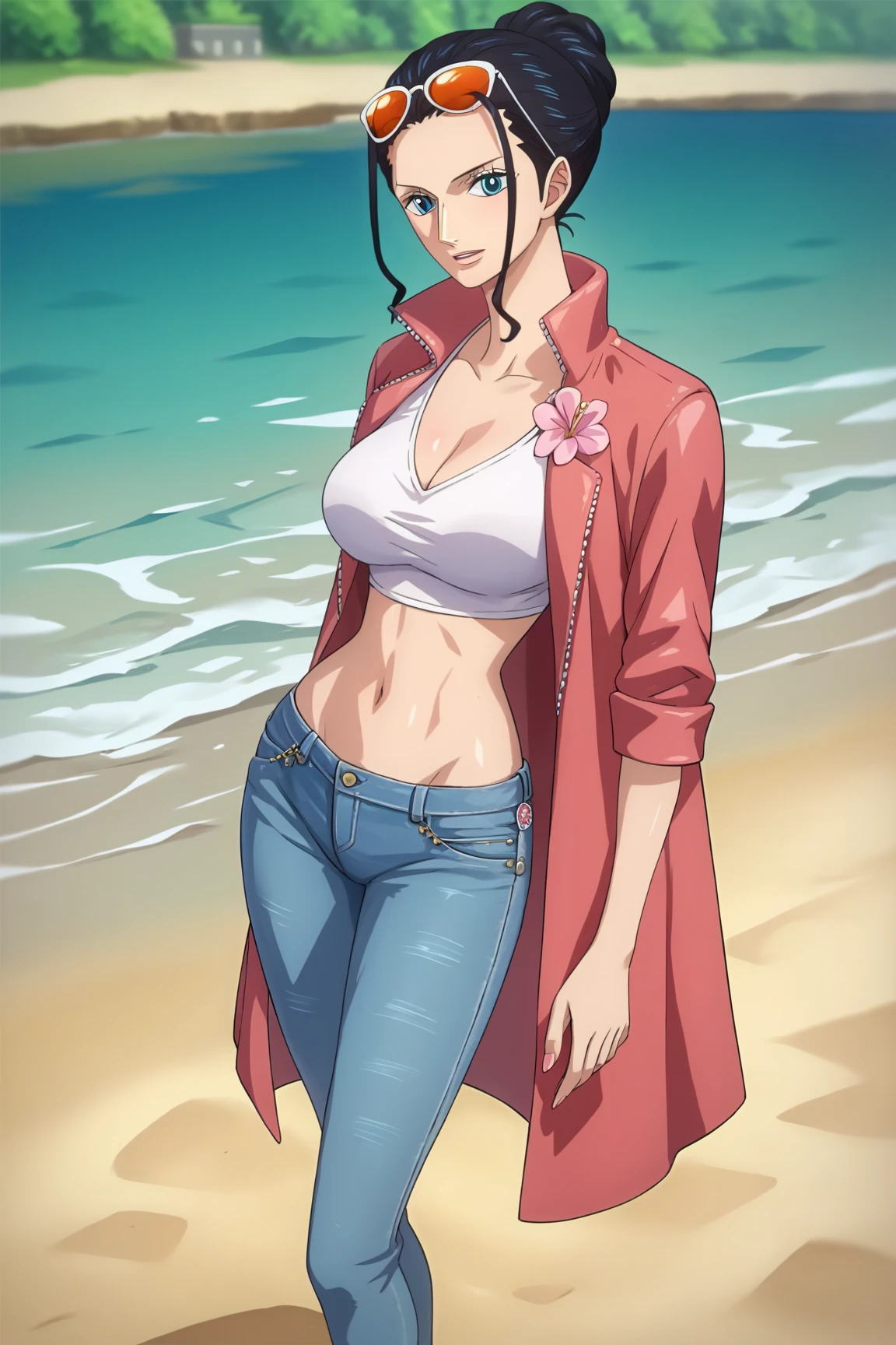 lying:1.6, red strip bra, short jeans, home background, momiji, anime cels style, best quality, high resolution, 1girl, (big breasts:1.0), beautiful face, ponytail, black hair, long hair, long hair, little biceps, brown eyes, cowboy shot, light smile, red lipstick, stretching