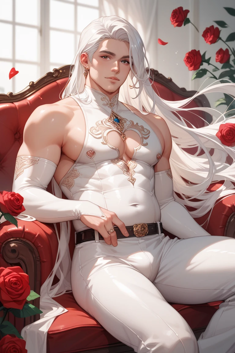 (8k,shipmentsrrealista　shipments　Maximum quality;1.4) (1 young boy) Super handsome king of the underworld　(lifelike face) 　(long white hair with pink tips, bright white floral hair)　slenderbody　Muscular and hairy and macho　Shiny black polka dot floral aristocratic outfit with big golden eyes　Bright purple and red floral decoration　Fangs peeking out of the mouth　Pointed claws　a seductive gaze　Beautiful expression　A hyper-realistic　(King of the Underworld)　appealing　(real looking skin)　super high resolution　high détail　Luxury black polka dot floral pants　floral aura of purples and reds emanating from the body　effect　 black polka dot floral transparent cover 