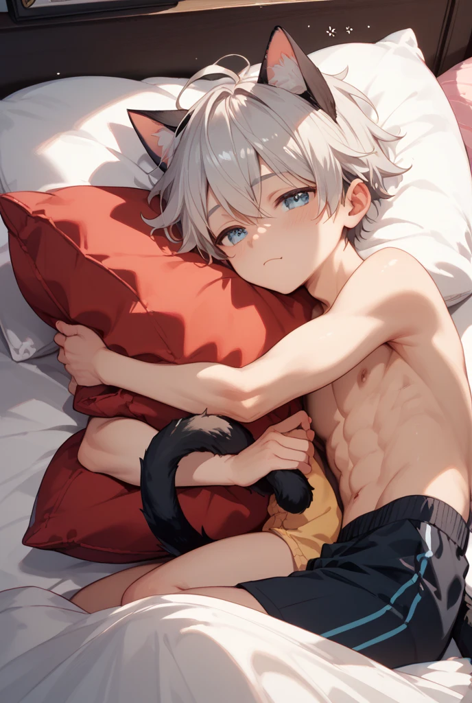 a cute young boy with fiery dragon features, lying on bed, open mouth exhaling, blushing face with orange eyes, small wings spread, long tail, warm lighting, (best quality,4k,8k,highres,masterpiece:1.2),ultra-detailed,(realistic,photorealistic,photo-realistic:1.37),highly detailed facial features, intricate dragon-like attributes, soft lighting, comfortable indoor setting