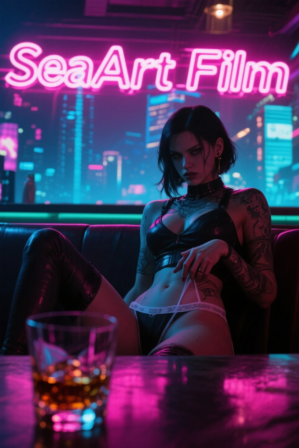 a nude girl seat on the chair, sexy, nsfw, big boob, big ass, ((full tattoo on body:1.2)), hongkong style backdrop, neon city light view on back, a beautiful stunning detailed 1 girl, full upper body shot, nacked, long legs, hot beautiful sexy body, black long curvy hair, eyes look at viewer, sexy smile, a little rain,