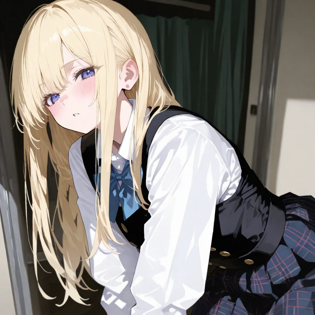 (masterpiece, best quality, great:1.2), CG, illustration, delicate face, cute face, kawaii, medium breasts, delicate hair, disheveled hair, floating hair, shiny hair, shiny skin,1girl,pale skin,blonde hair,low twintail,grin,large breasts,black pantie,sailor uniform,looking away,pantie focus,((((from below)))),face forward,sitting on the couch,lower body,spread legs,