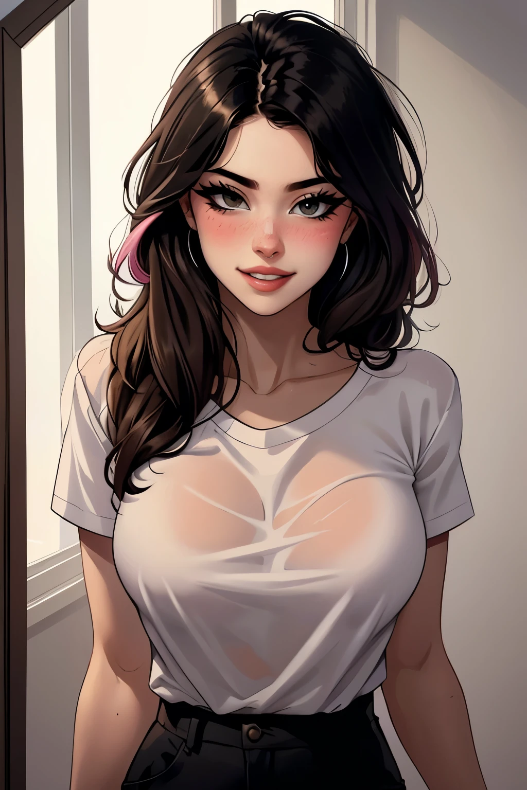 Amazing portrait of a sexy woman wearing her long straight luscious black hair, seductively gazing and smiling, soft lips, parted, blushing intensely, smiling, white t shirt, baggy jeans, medium chest, perfect body